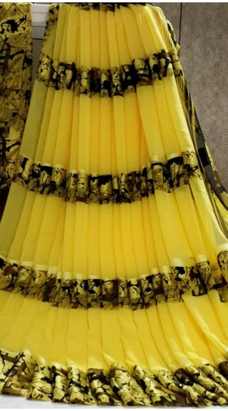 Mayawye Women's Satin Patta Printed Saree With Unstitched Blouse (Yellow)