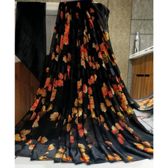 Mayawye Women's Satin Patta Printed Saree With Unstitched Blouse (Black)