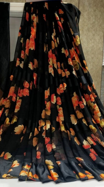 Mayawye Women's Satin Patta Printed Saree With Unstitched Blouse (Black)