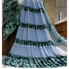 Mayawye Women's Satin Patta Printed Saree With Unstitched Blouse (Blue)
