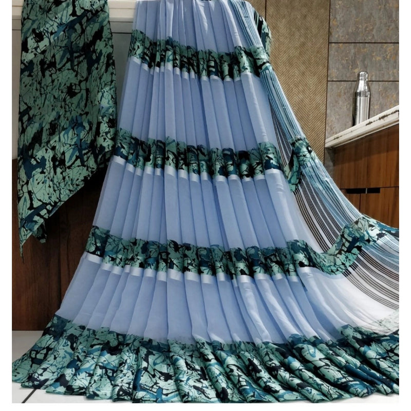 Mayawye Women's Satin Patta Printed Saree With Unstitched Blouse (Blue)
