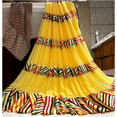 Mayawye Women's Satin Patta Printed Saree With Unstitched Blouse (Yellow)