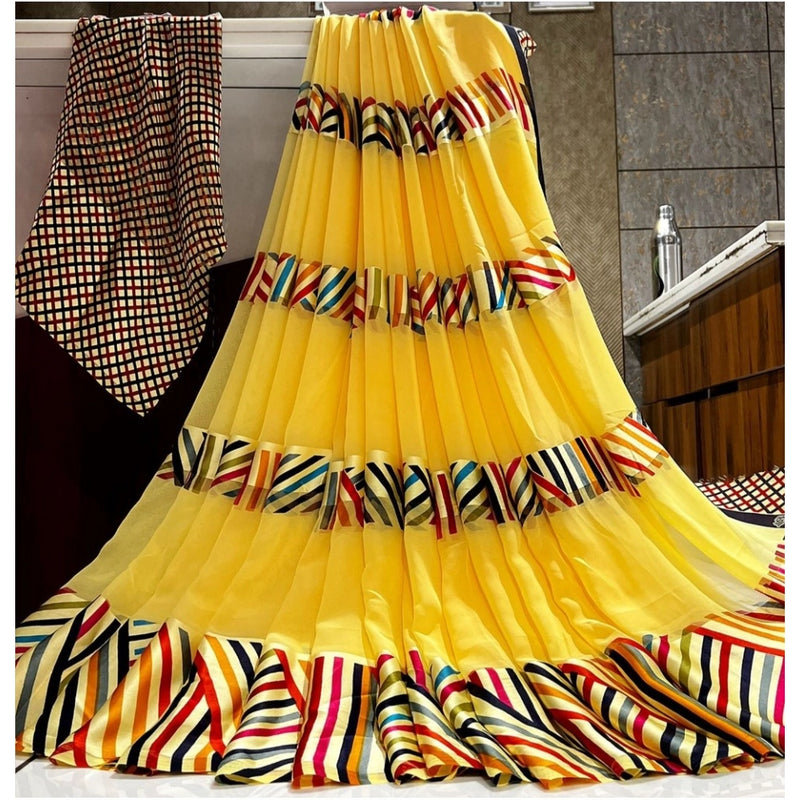 Mayawye Women's Satin Patta Printed Saree With Unstitched Blouse (Yellow)