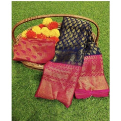 Mayawye Women's Viscose Rayon Printed Saree With Unstitched Blouse (Navy Blue)