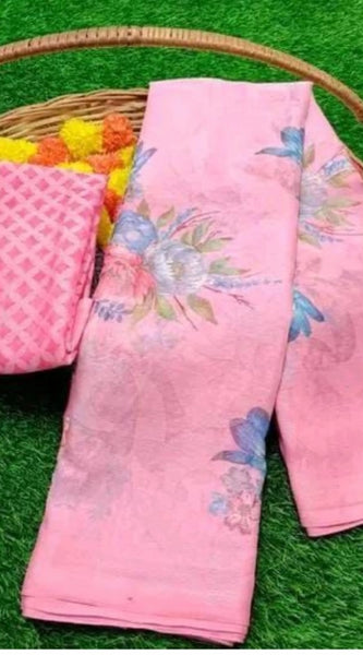 Mayawye Women's Viscose Rayon Printed Saree With Unstitched Blouse (Pink)