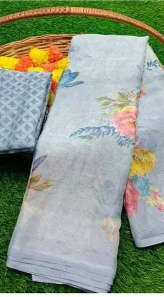 Mayawye Women's Viscose Rayon Printed Saree With Unstitched Blouse (Grey)