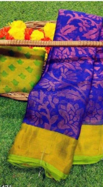 Mayawye Women's Viscose Rayon Printed Saree With Unstitched Blouse (Royal Blue)