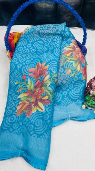 Mayawye Women's Viscose Rayon Printed Saree With Unstitched Blouse (Sky Blue)