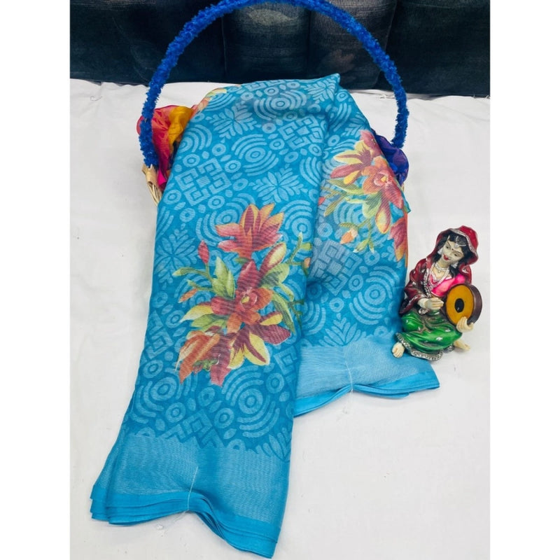 Mayawye Women's Viscose Rayon Printed Saree With Unstitched Blouse (Sky Blue)