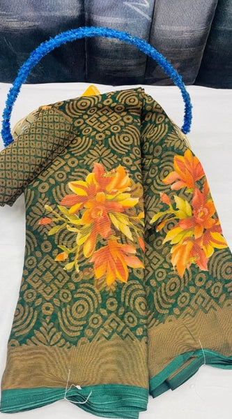 Mayawye Women's Viscose Rayon Printed Saree With Unstitched Blouse (Green)