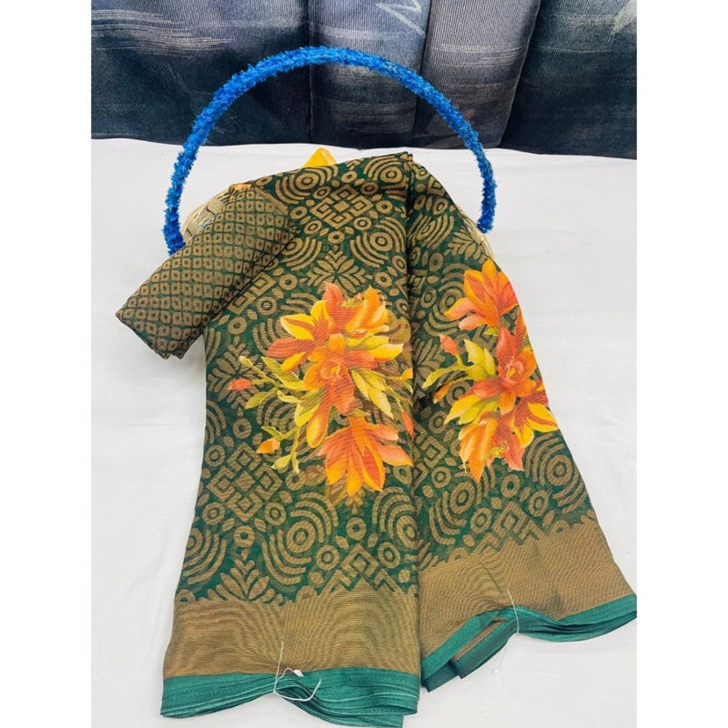 Mayawye Women's Viscose Rayon Printed Saree With Unstitched Blouse (Green)