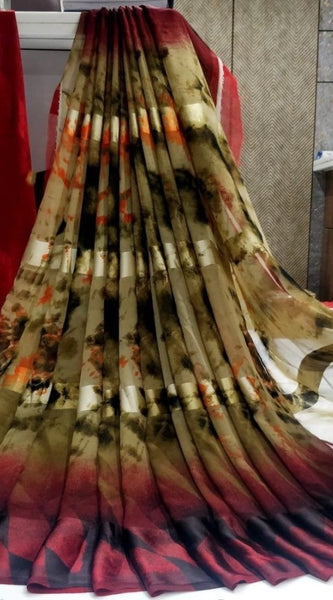 Mayawye Women's Satin Patta Printed Saree With Unstitched Blouse (Beige)