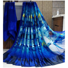 Mayawye Women's Satin Patta Printed Saree With Unstitched Blouse (Blue)
