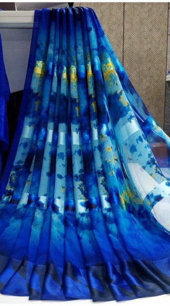Mayawye Women's Satin Patta Printed Saree With Unstitched Blouse (Blue)