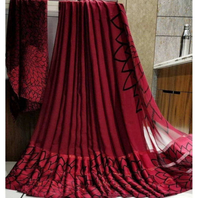 Mayawye Women's Satin Patta Printed Saree With Unstitched Blouse (Maroon)
