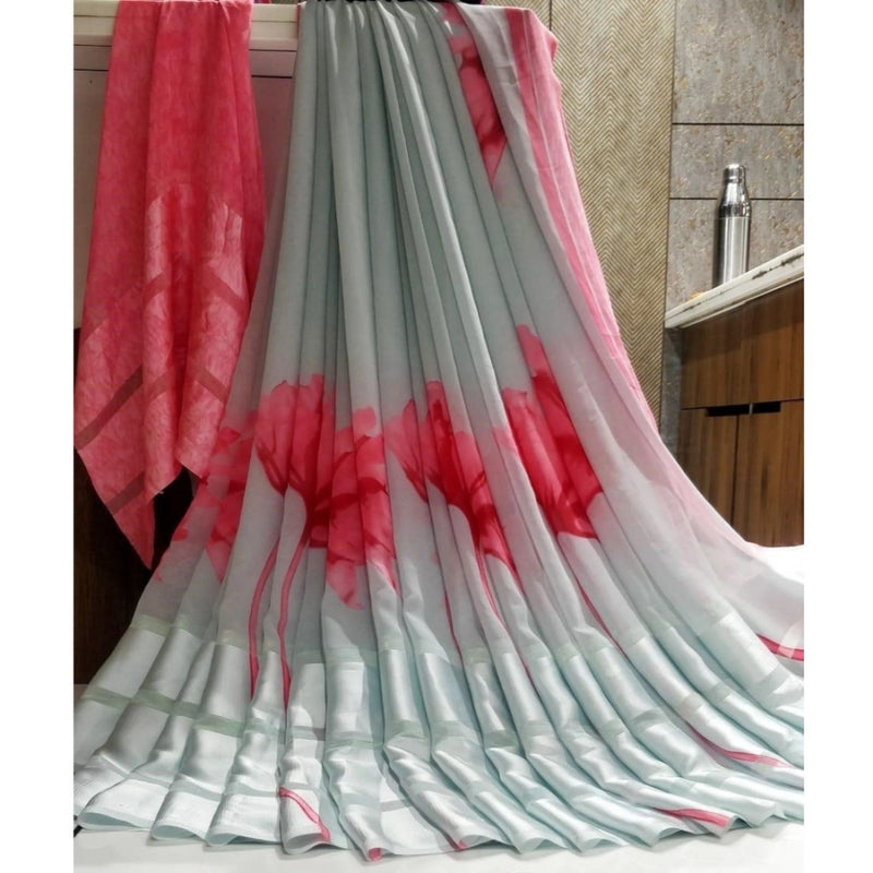 Mayawye Women's Satin Patta Printed Saree With Unstitched Blouse (Grey)