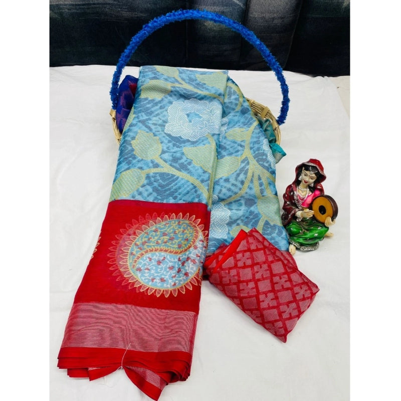 Mayawye Women's Viscose Rayon Printed Saree With Unstitched Blouse (Red)