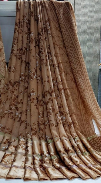 Mayawye Women's Satin Patta Printed Saree With Unstitched Blouse (Brown)
