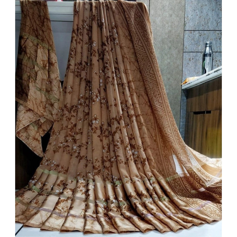Mayawye Women's Satin Patta Printed Saree With Unstitched Blouse (Brown)