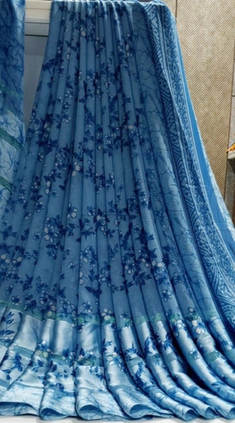 Mayawye Women's Satin Patta Printed Saree With Unstitched Blouse (Blue)