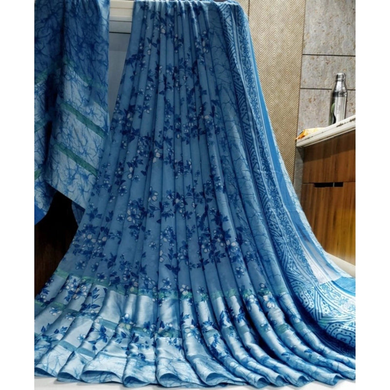 Mayawye Women's Satin Patta Printed Saree With Unstitched Blouse (Blue)