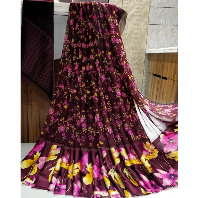Mayawye Women's Satin Patta Printed Saree With Unstitched Blouse (Purple)