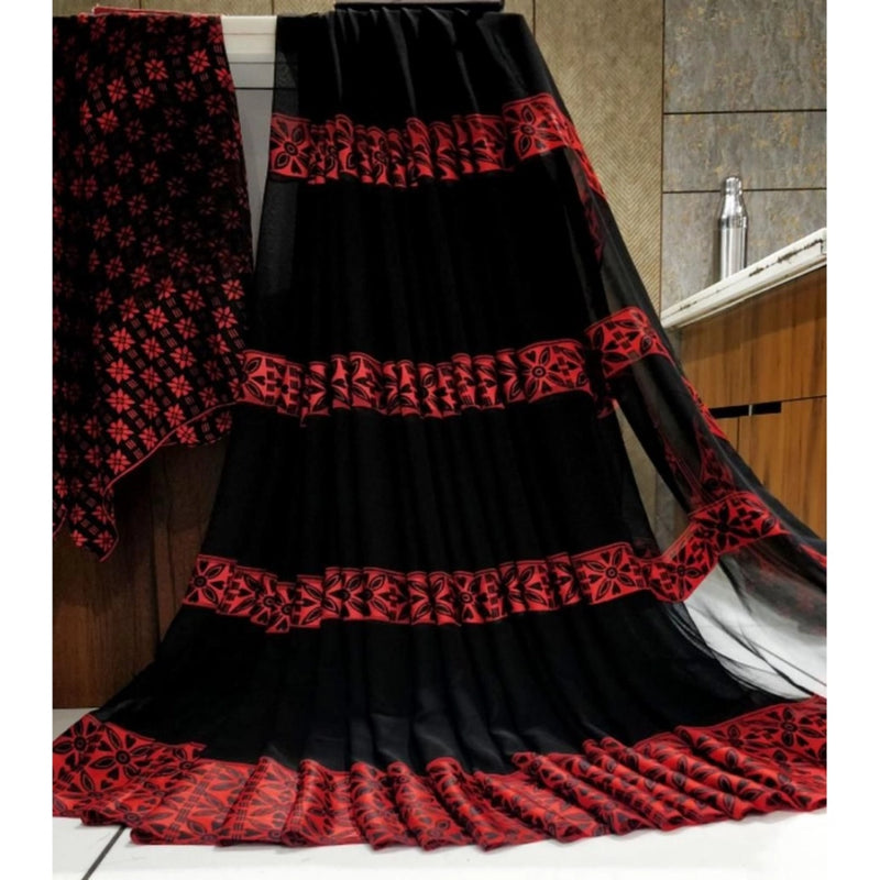 Mayawye Women's Satin Patta Printed Saree With Unstitched Blouse (Red)