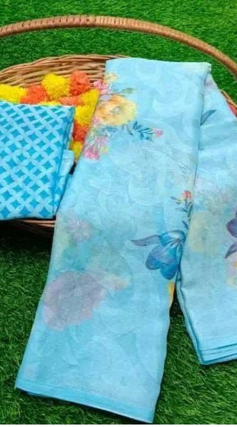 Mayawye Women's Viscose Rayon Printed Saree With Unstitched Blouse (Sky Blue)