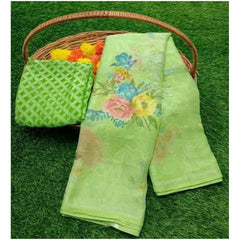 Mayawye Women's Viscose Rayon Printed Saree With Unstitched Blouse (Green)