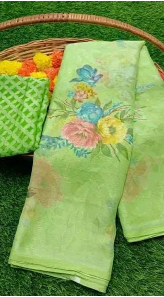 Mayawye Women's Viscose Rayon Printed Saree With Unstitched Blouse (Green)