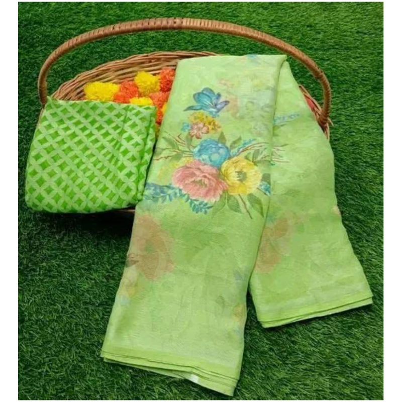 Mayawye Women's Viscose Rayon Printed Saree With Unstitched Blouse (Green)