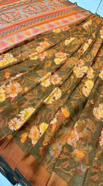 Mayawye Women's Viscose Rayon Printed Saree With Unstitched Blouse (Green)