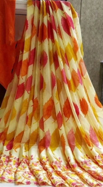 Mayawye Women's Satin Patta Printed Saree With Unstitched Blouse (Yellow)