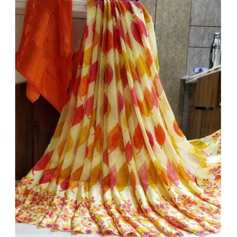 Mayawye Women's Satin Patta Printed Saree With Unstitched Blouse (Yellow)