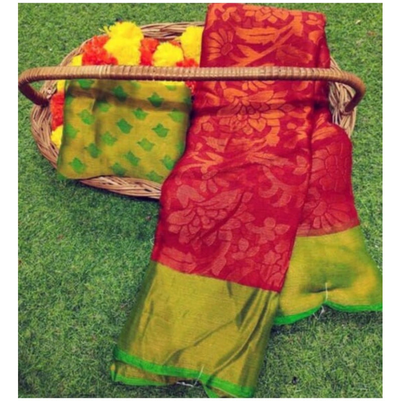 Mayawye Women's Viscose Rayon Printed Saree With Unstitched Blouse (Pink)