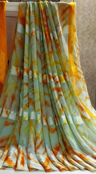 Mayawye Women's Satin Patta Printed Saree With Unstitched Blouse (Green)