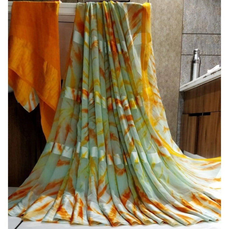 Mayawye Women's Satin Patta Printed Saree With Unstitched Blouse (Green)