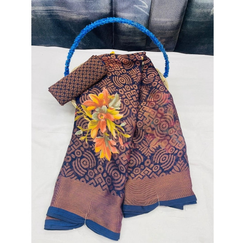 Mayawye Women's Viscose Rayon Printed Saree With Unstitched Blouse (Navy Blue)
