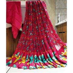 Mayawye Women's Satin Patta Printed Saree With Unstitched Blouse (Pink)