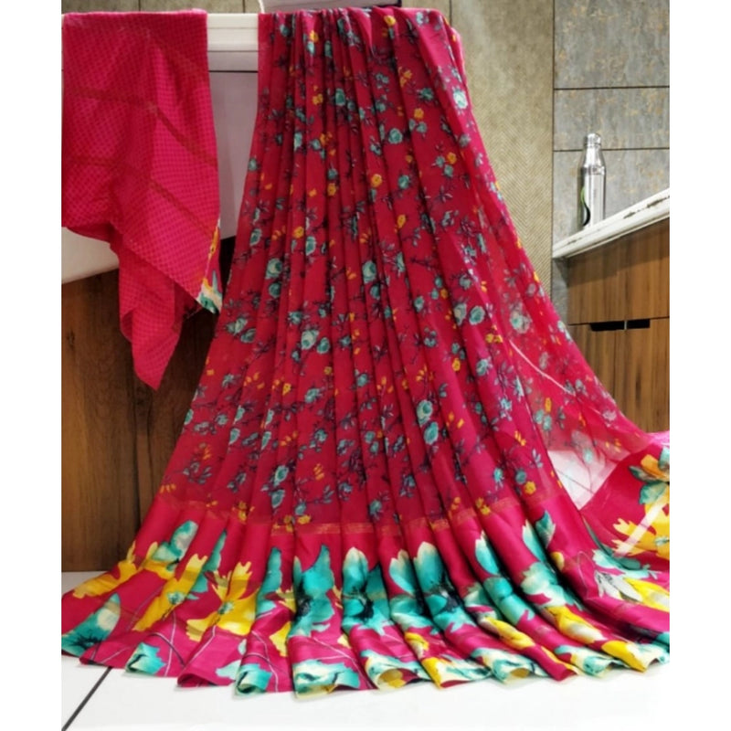 Mayawye Women's Satin Patta Printed Saree With Unstitched Blouse (Pink)