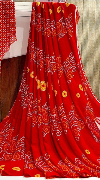 Mayawye Women's Georgette Printed Saree With Unstitched Blouse (Red)