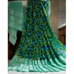 Mayawye Women's Satin Patta Printed Saree With Unstitched Blouse (Teal)