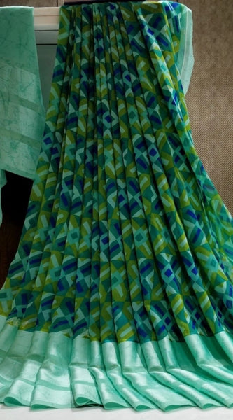 Mayawye Women's Satin Patta Printed Saree With Unstitched Blouse (Teal)