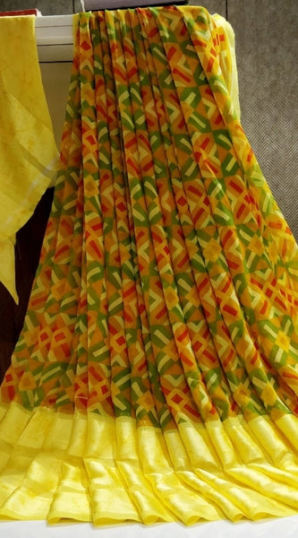 Mayawye Women's Satin Patta Printed Saree With Unstitched Blouse (Yellow)