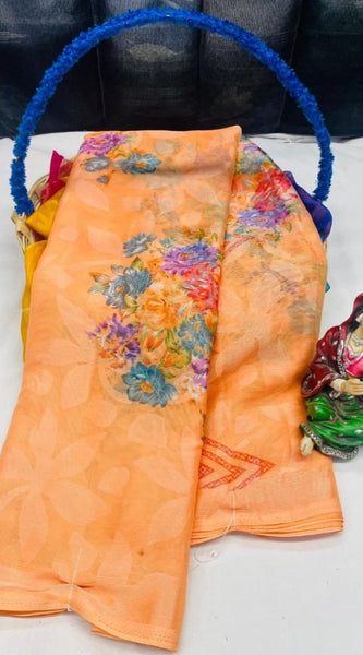 Mayawye Women's Viscose Rayon Printed Saree With Unstitched Blouse (Peach)