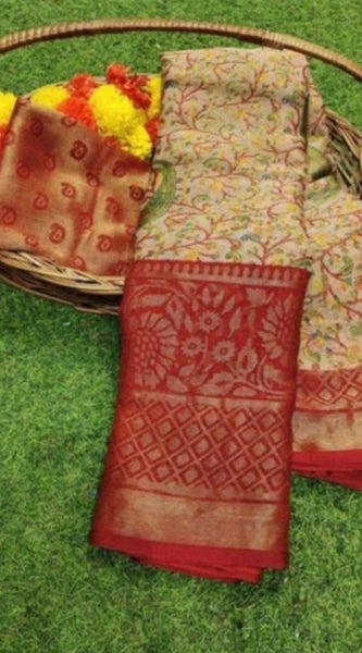 Mayawye Women's Viscose Rayon Printed Saree With Unstitched Blouse (Red)