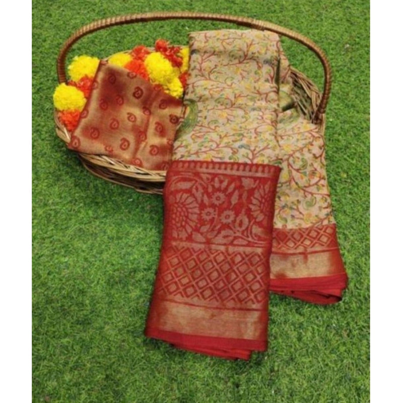 Mayawye Women's Viscose Rayon Printed Saree With Unstitched Blouse (Red)