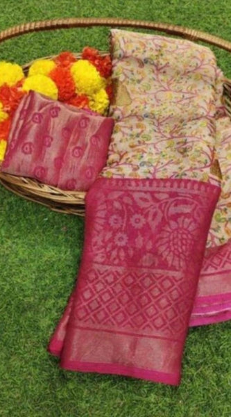 Mayawye Women's Viscose Rayon Printed Saree With Unstitched Blouse (Pink)