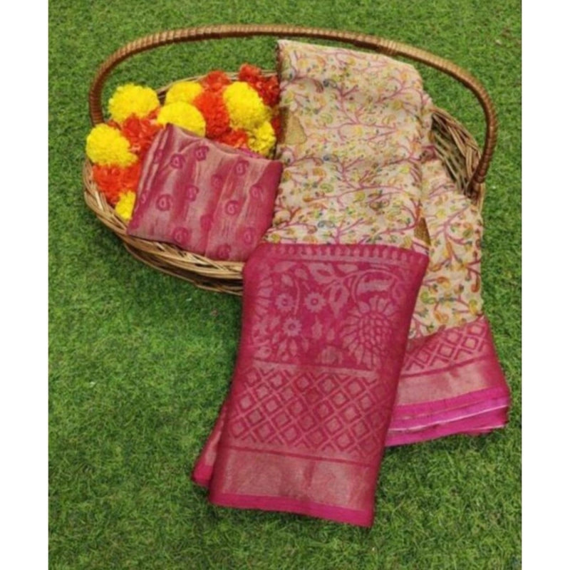 Mayawye Women's Viscose Rayon Printed Saree With Unstitched Blouse (Pink)