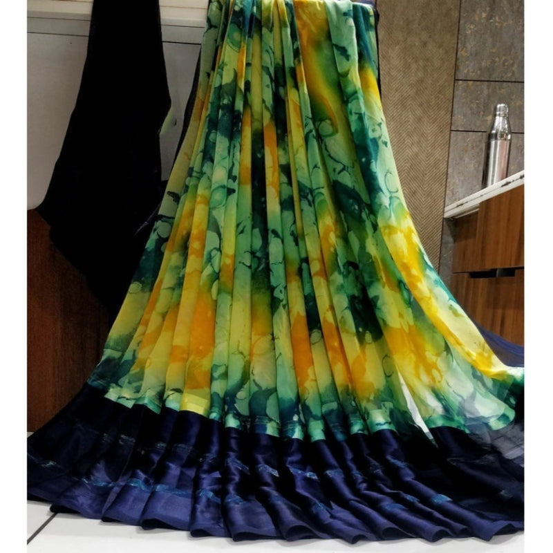 Mayawye Women's Satin Patta Printed Saree With Unstitched Blouse (Blue)